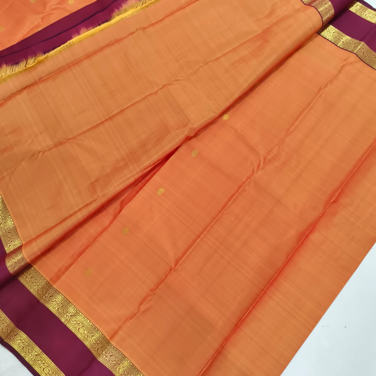Pure Kanchipuram Handloom Silk Saree- Peach Orange With Dark Maroon