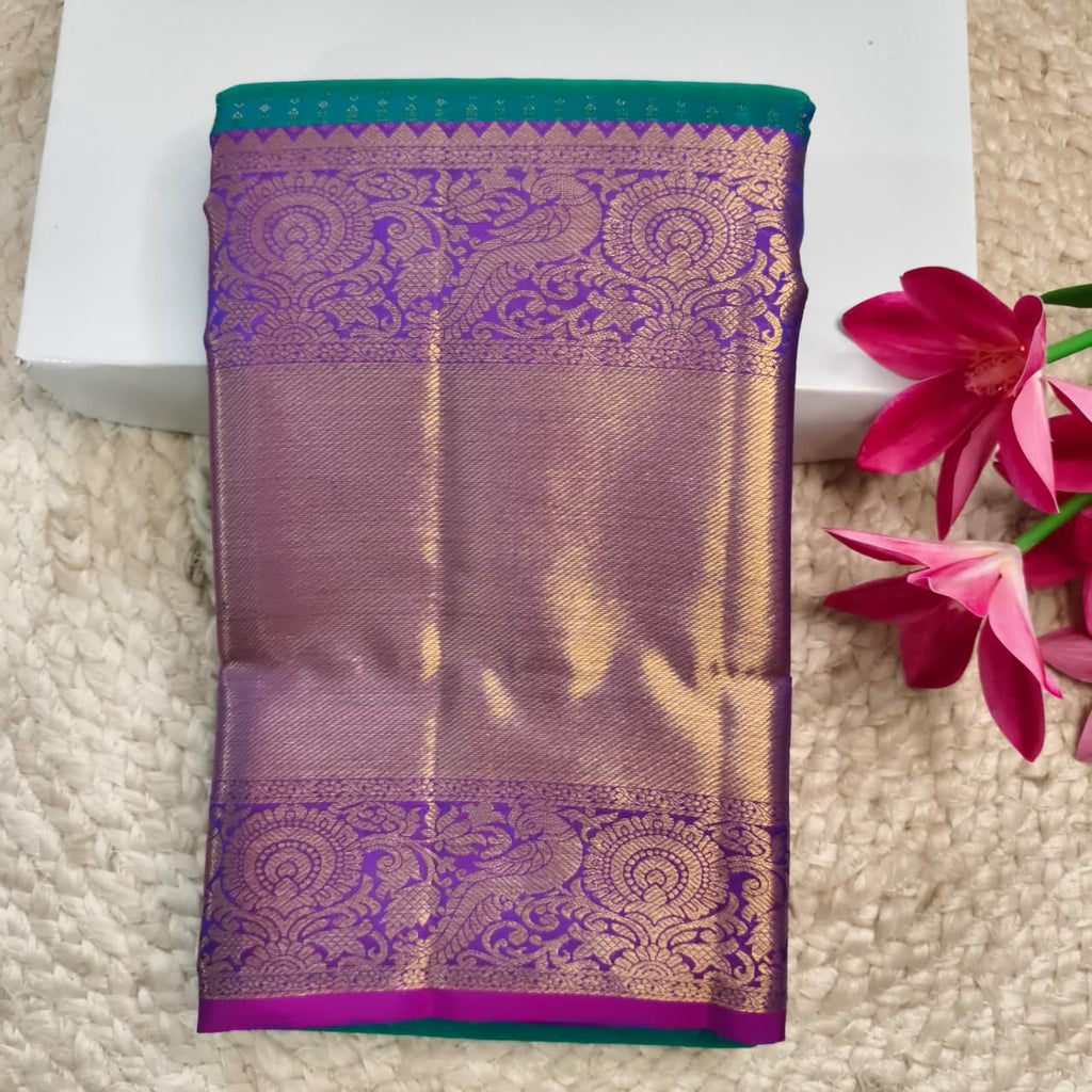 Pure Kanchipuram Handloom Silk Saree- Peacock Blue with Magenta
