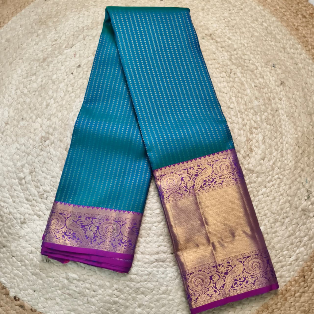 Pure Kanchipuram Handloom Silk Saree- Peacock Blue with Magenta