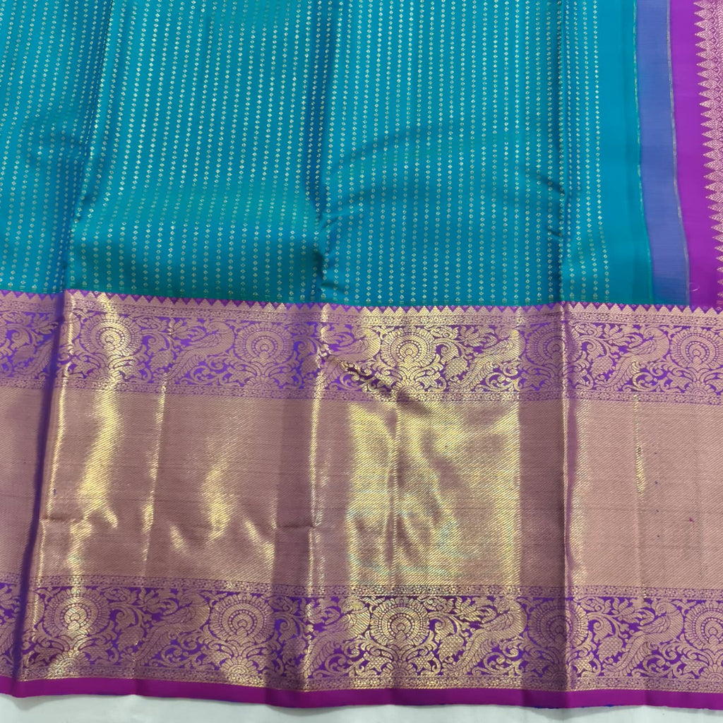 Pure Kanchipuram Handloom Silk Saree- Peacock Blue with Magenta