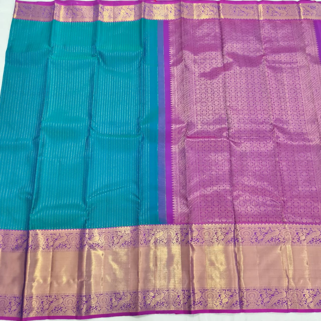 Pure Kanchipuram Handloom Silk Saree- Peacock Blue with Magenta
