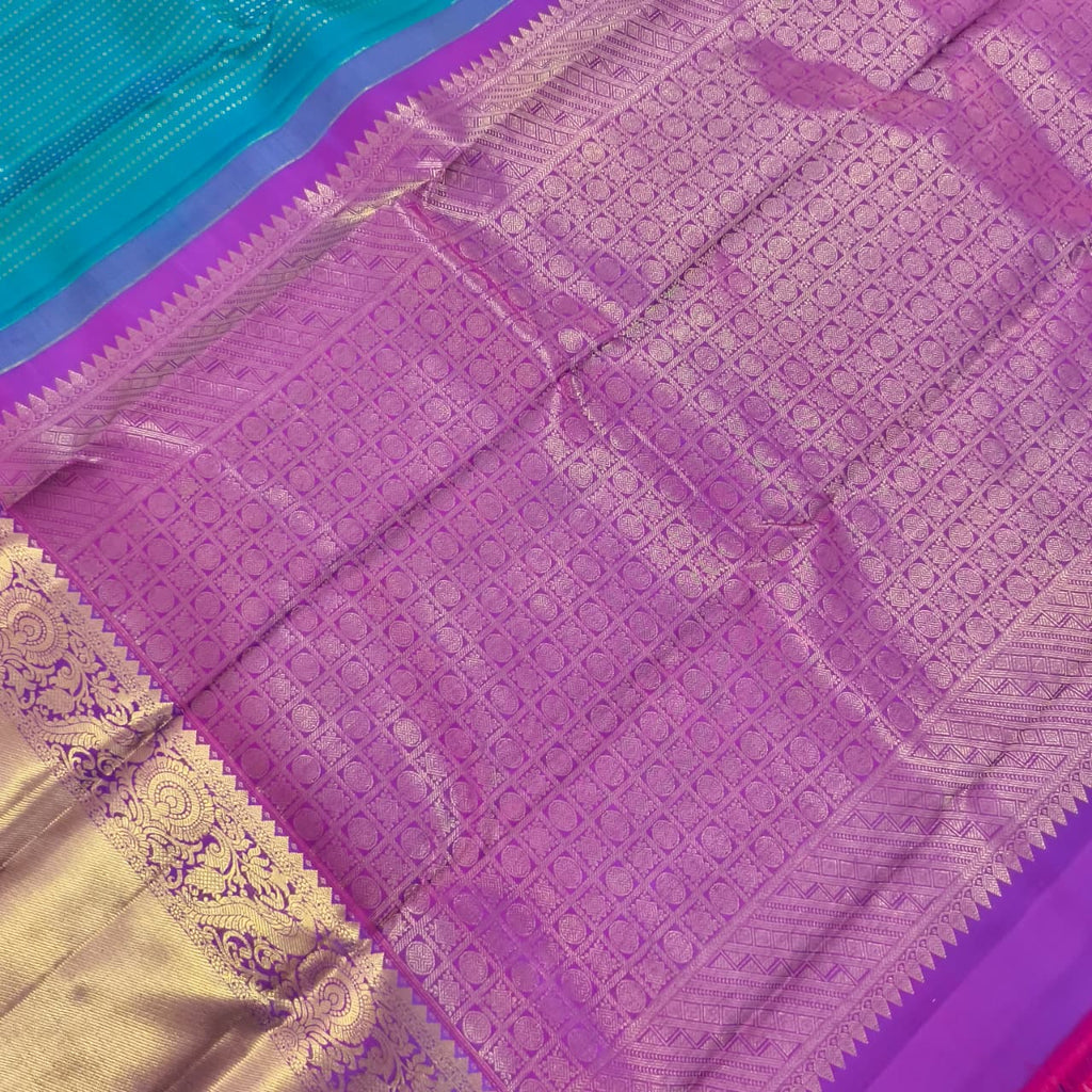 Pure Kanchipuram Handloom Silk Saree- Peacock Blue with Magenta