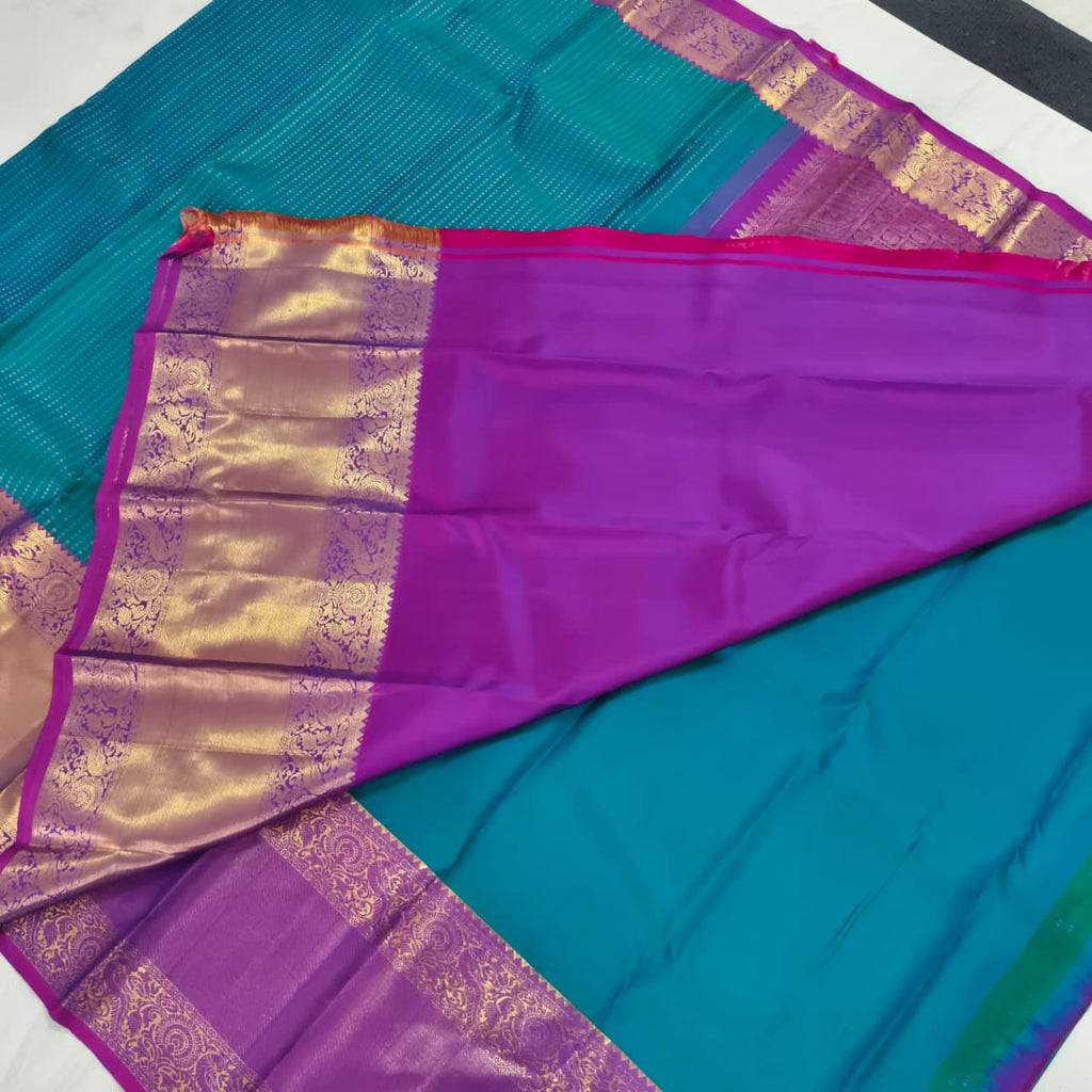 Pure Kanchipuram Handloom Silk Saree- Peacock Blue with Magenta