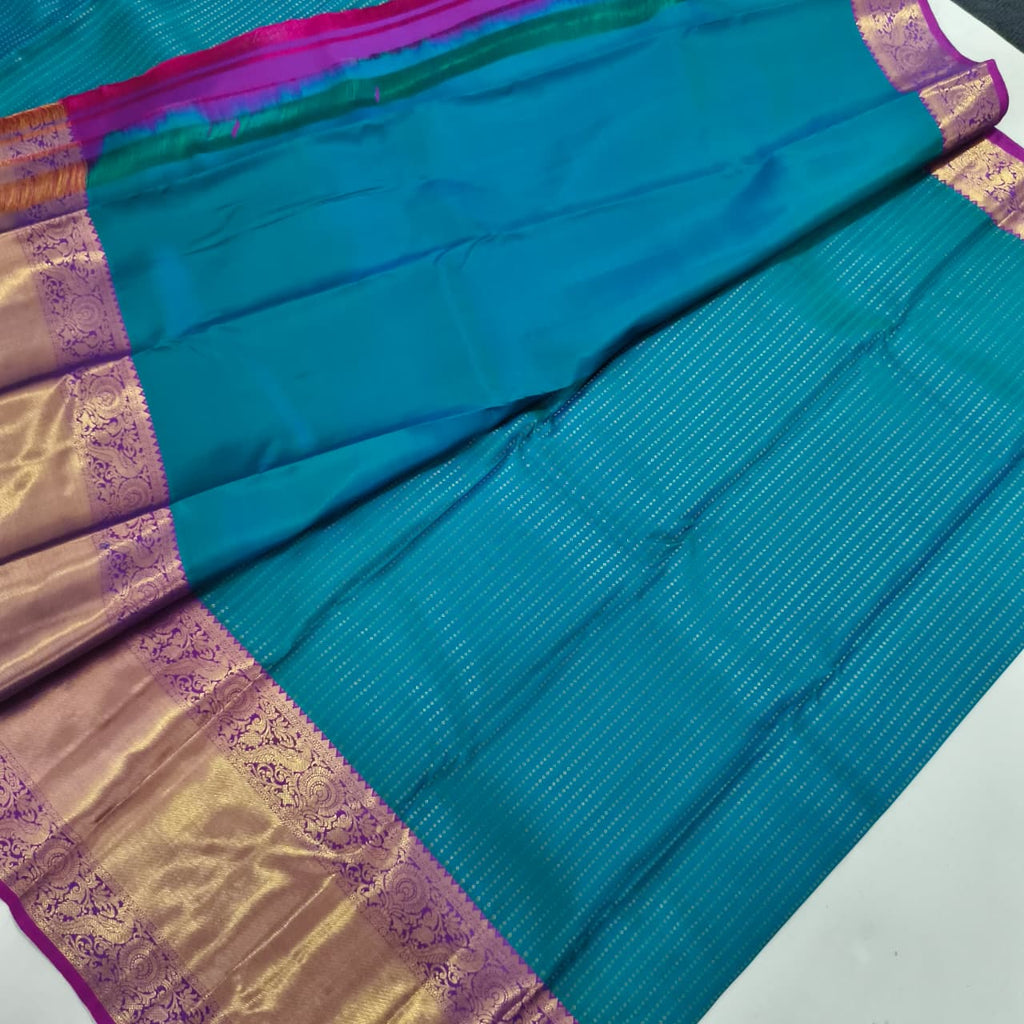 Pure Kanchipuram Handloom Silk Saree- Peacock Blue with Magenta