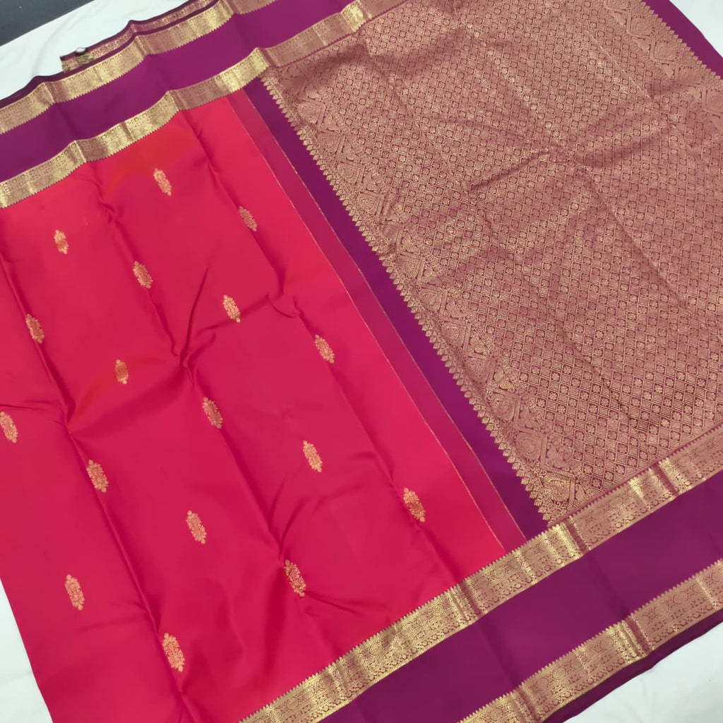 Pure Kanchipuram Silk Saree – Coral Pink and Wine Contrast