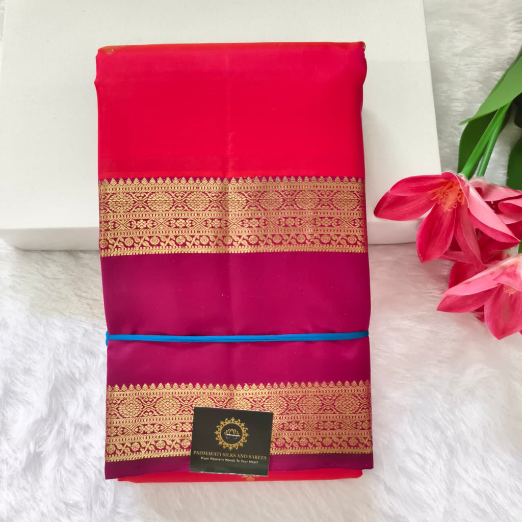 Pure Kanchipuram Silk Saree – Coral Pink and Wine Contrast