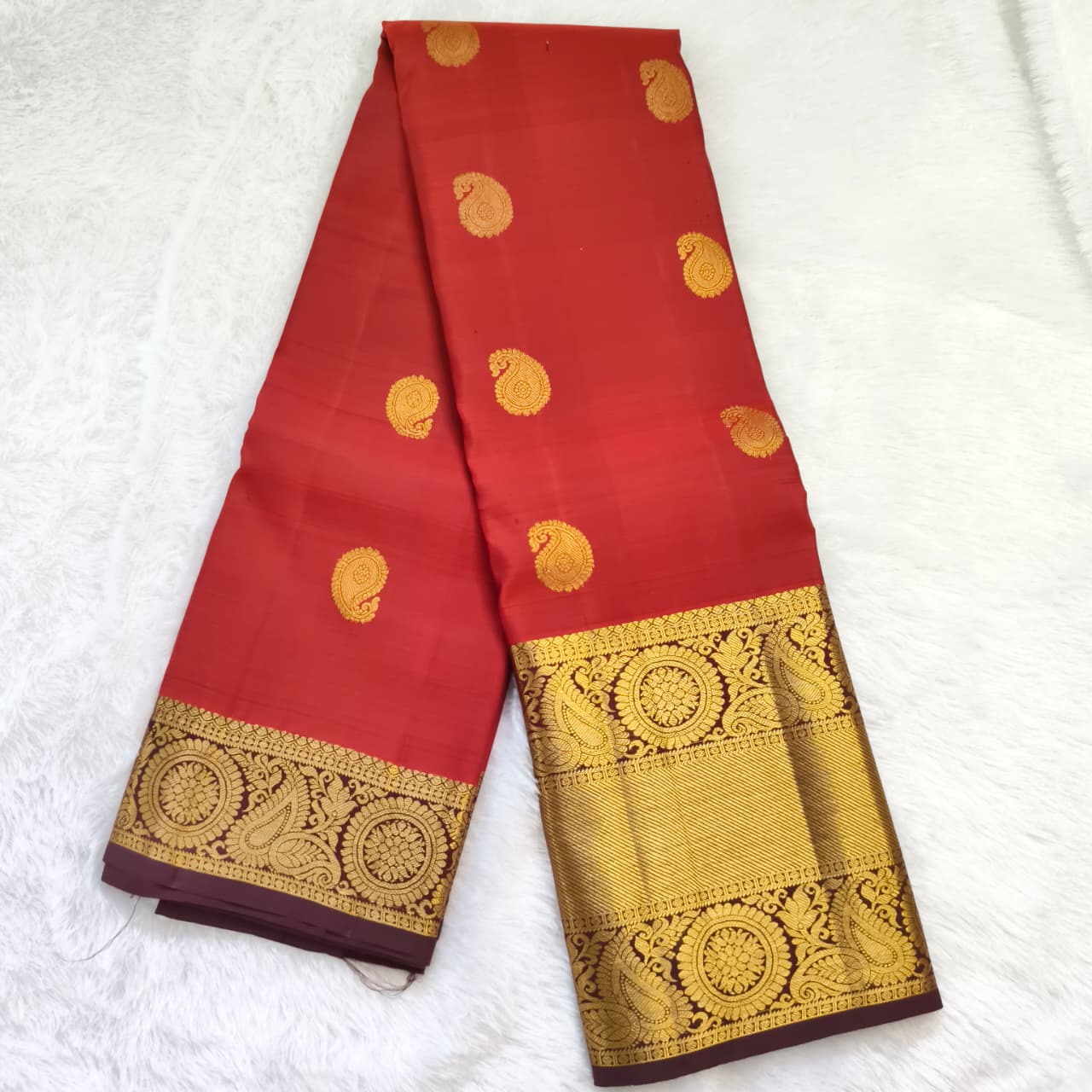 Pure Kanchipuram Silk Saree – Rust Orange and Deep Chocolate Contrast
