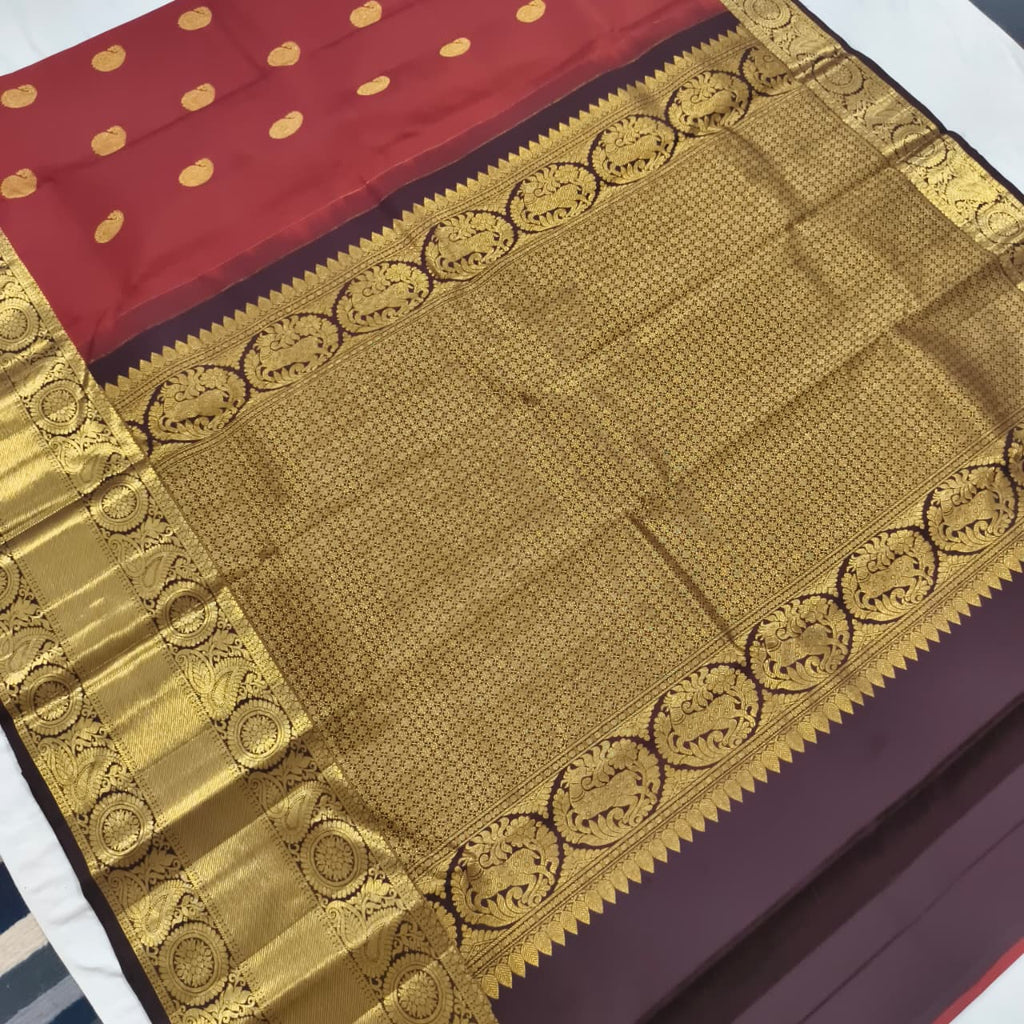 Pure Kanchipuram Silk Saree – Rust Orange and Deep Chocolate Contrast