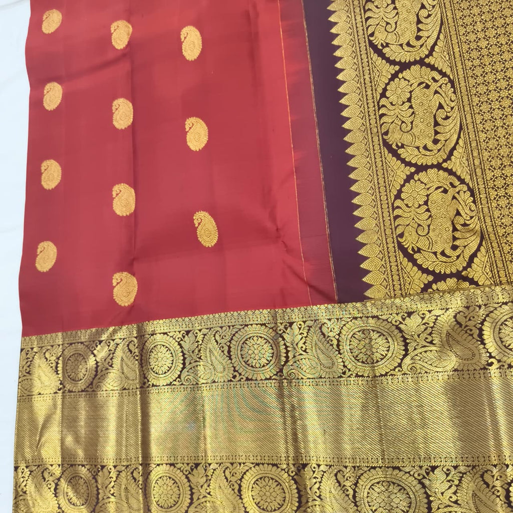 Pure Kanchipuram Silk Saree – Rust Orange and Deep Chocolate Contrast