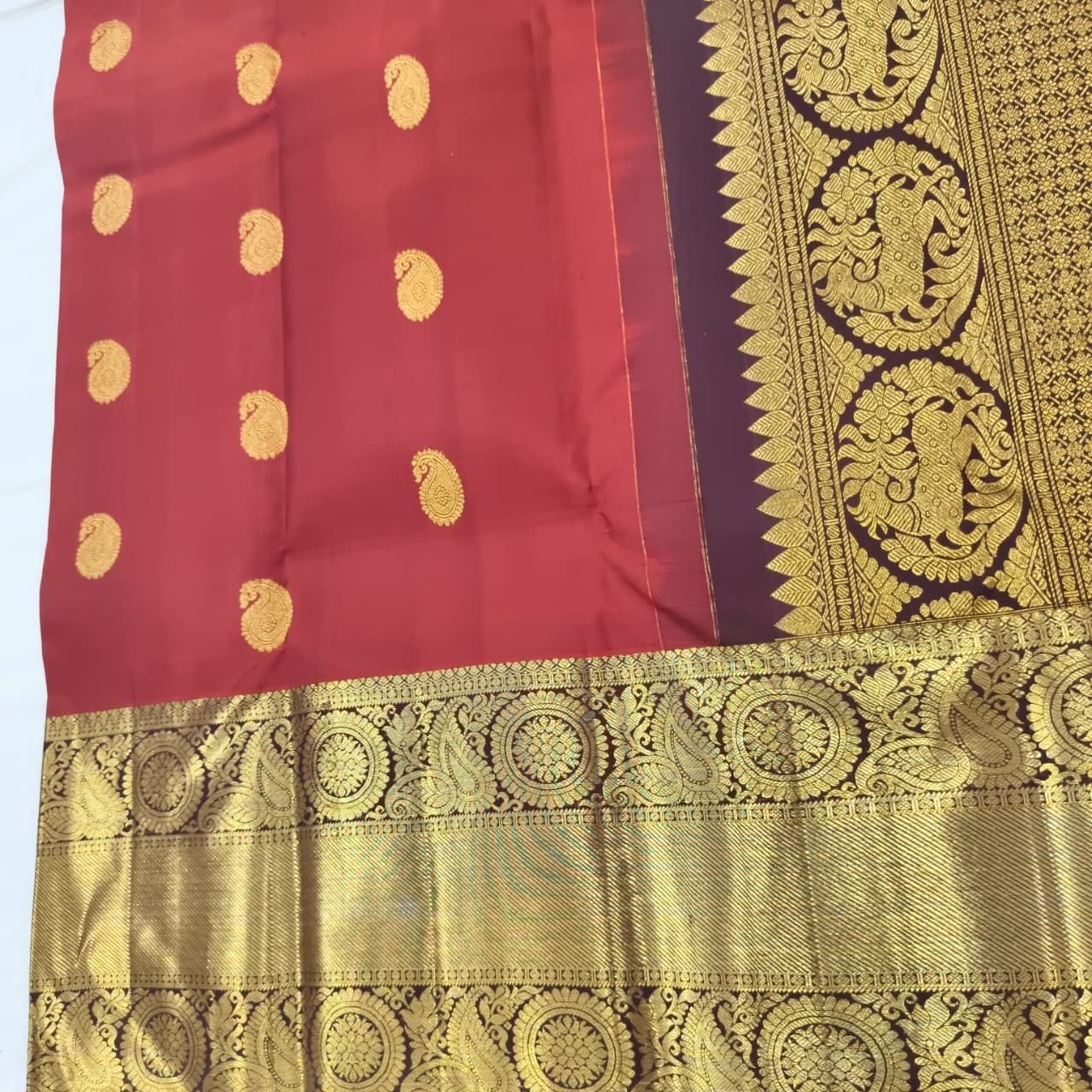 Pure Kanchipuram Silk Saree – Rust Orange and Deep Chocolate Contrast