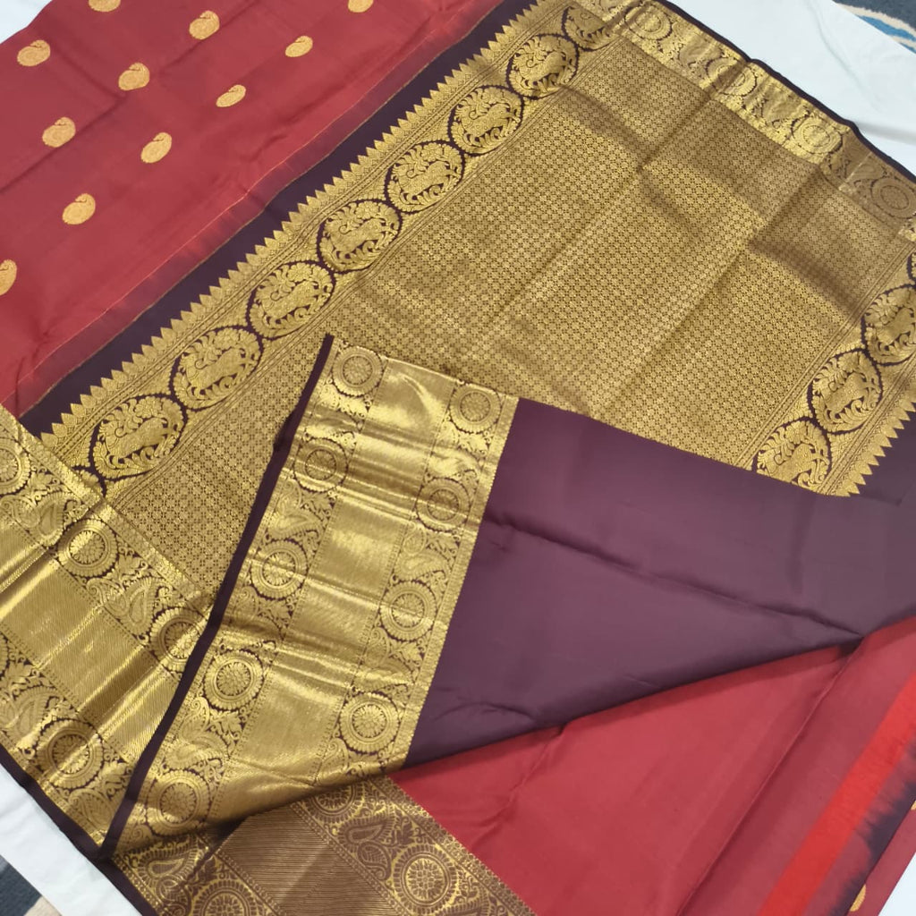 Pure Kanchipuram Silk Saree – Rust Orange and Deep Chocolate Contrast