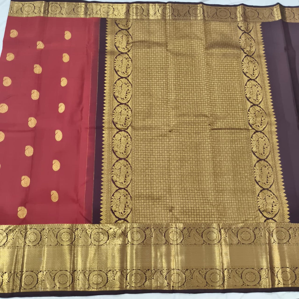 Pure Kanchipuram Silk Saree – Rust Orange and Deep Chocolate Contrast