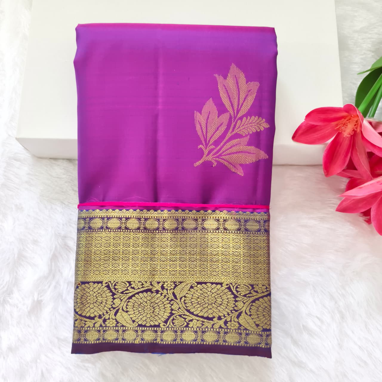 Pure Kanchipuram Silk Saree – Purple and Blue Contrast