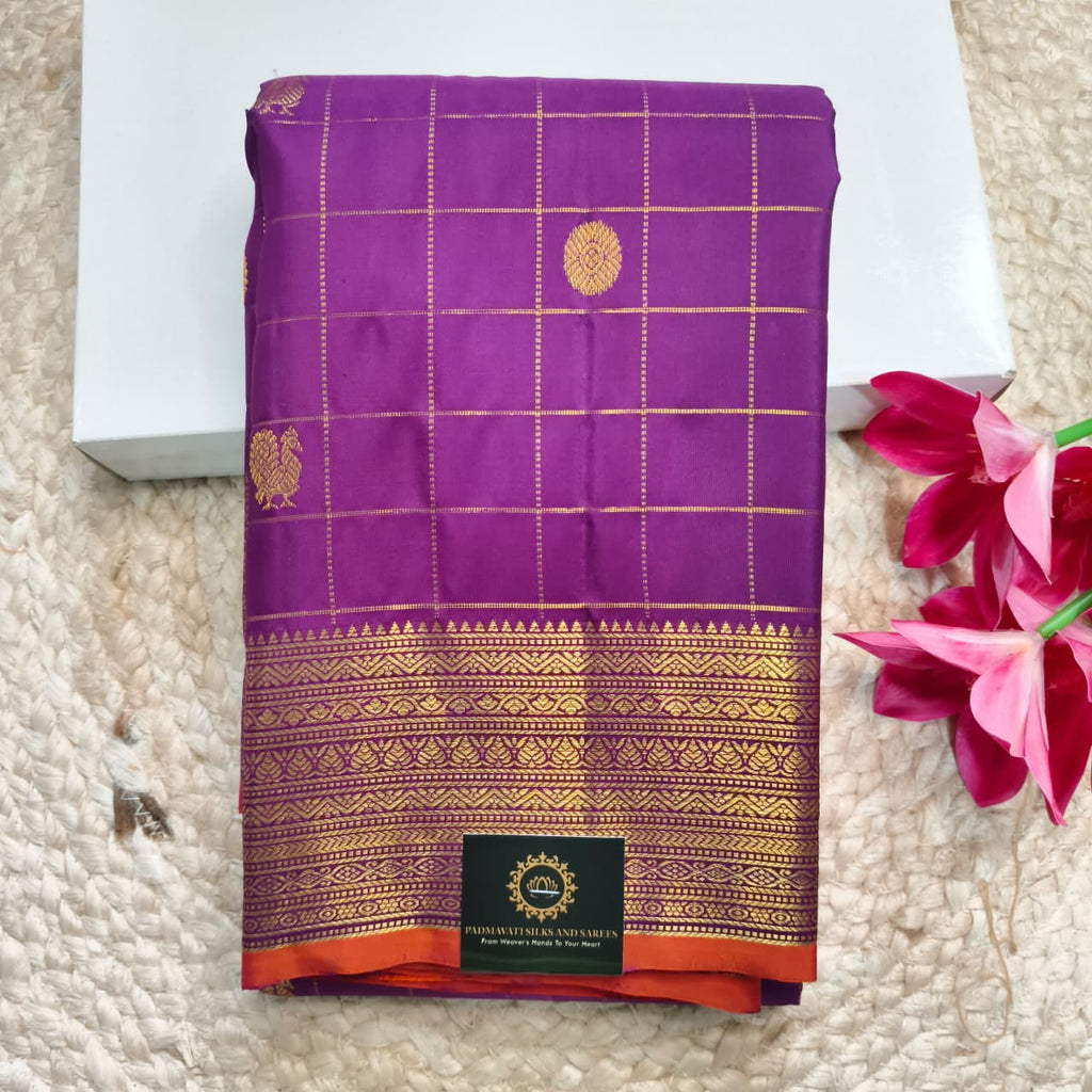 Pure Kanchipuram Silk Saree – Purple Color with Checks