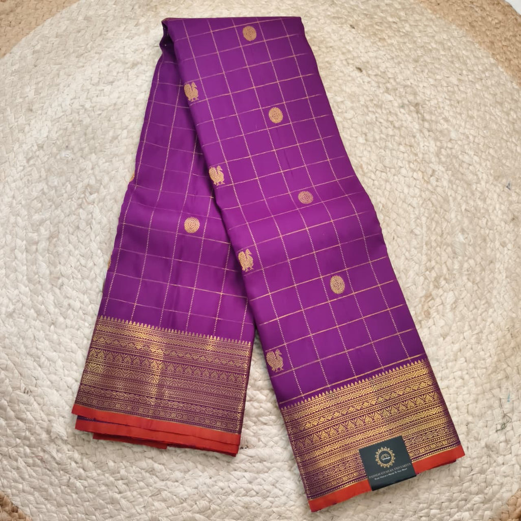 Pure Kanchipuram Silk Saree – Purple Color with Checks