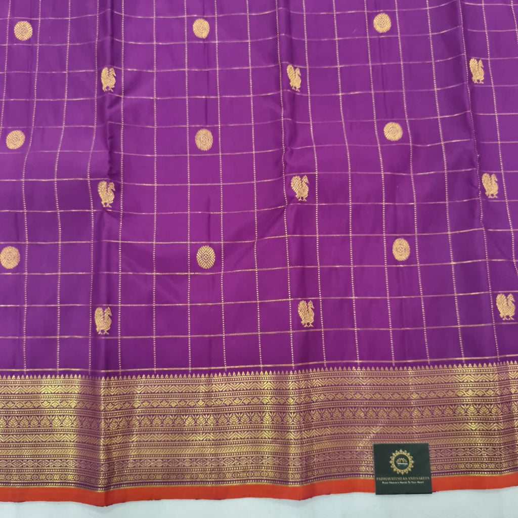 Pure Kanchipuram Silk Saree – Purple Color with Checks