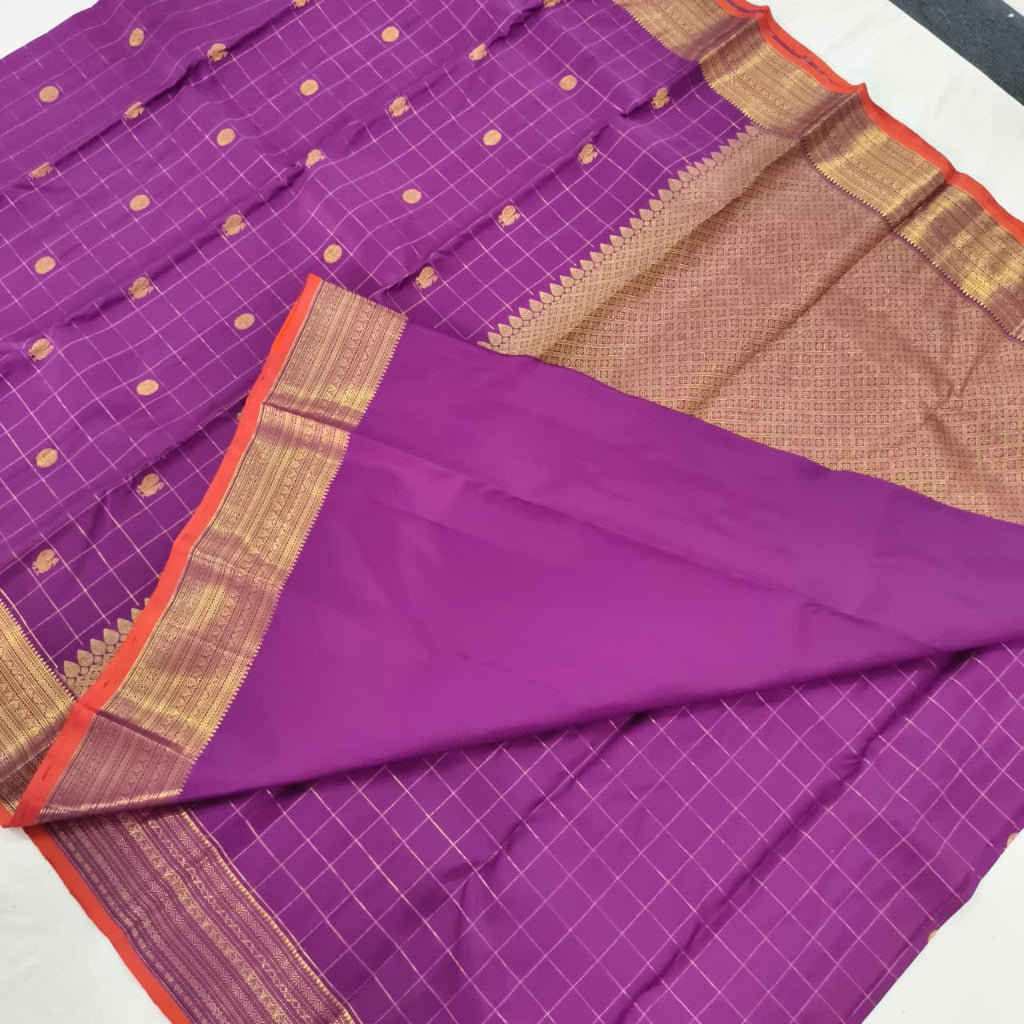 Pure Kanchipuram Silk Saree – Purple Color with Checks