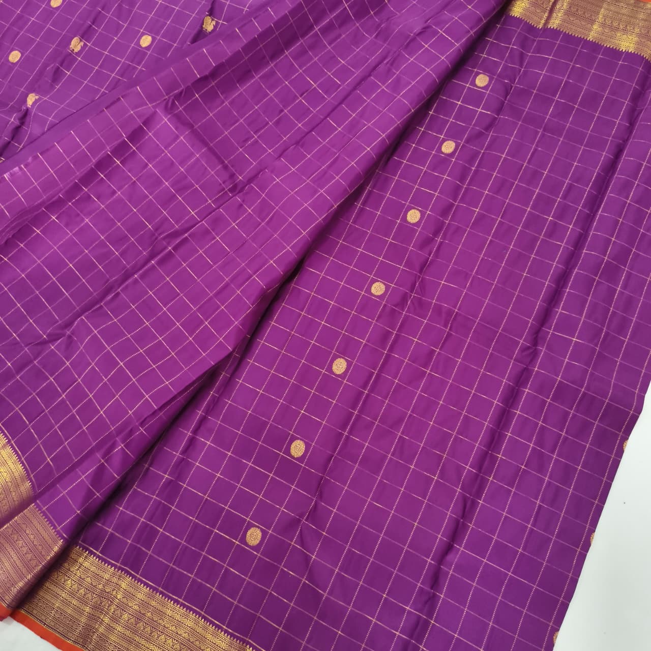 Pure Kanchipuram Silk Saree – Purple Color with Checks