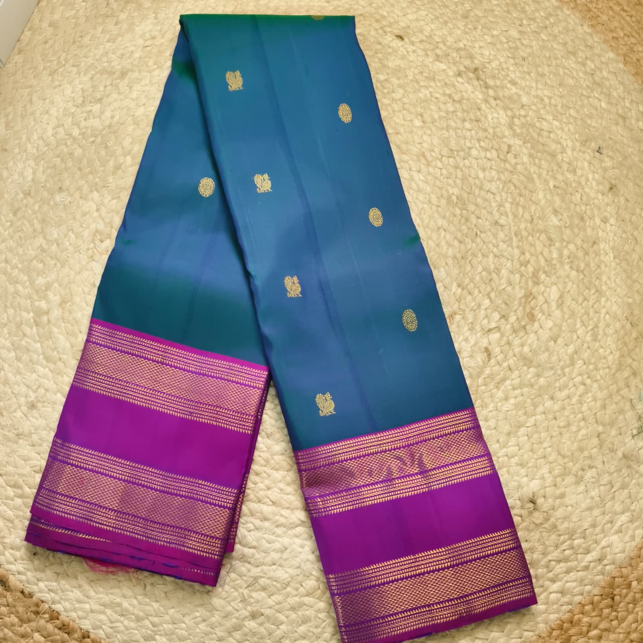 Pure Kanchipuram Silk Saree – Peacock Blue and Magenta Contrast