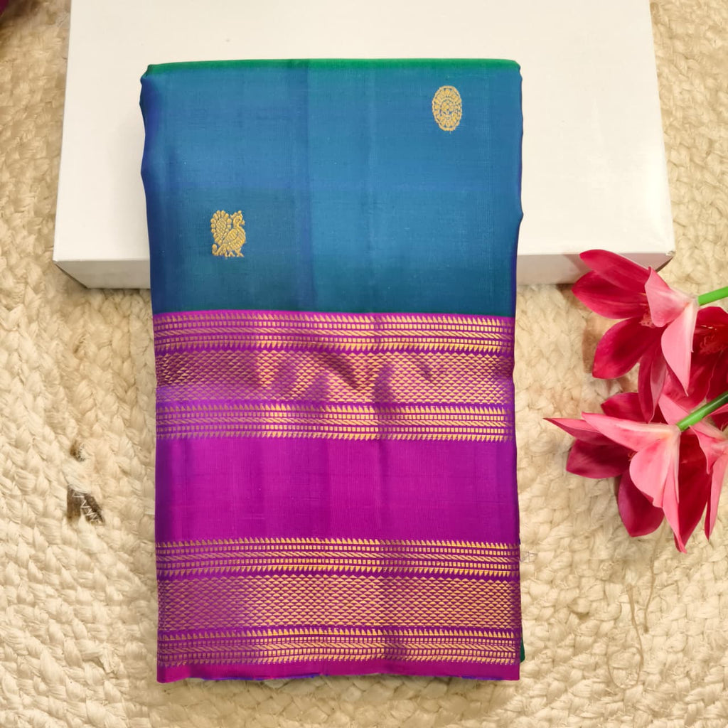 Pure Kanchipuram Silk Saree – Peacock Blue and Magenta Contrast
