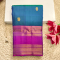Pure Kanchipuram Silk Saree – Peacock Blue and Magenta Contrast
