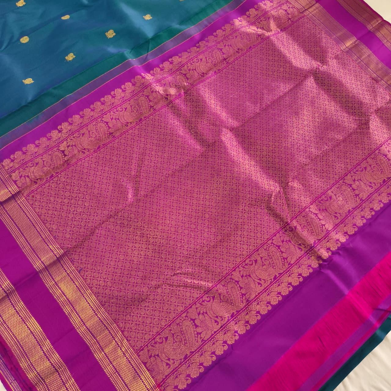 Pure Kanchipuram Silk Saree – Peacock Blue and Magenta Contrast