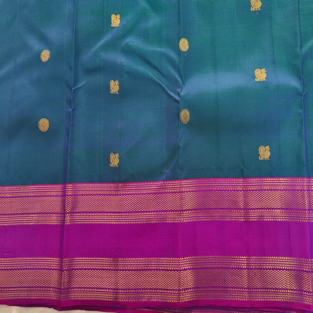 Pure Kanchipuram Silk Saree – Peacock Blue and Magenta Contrast
