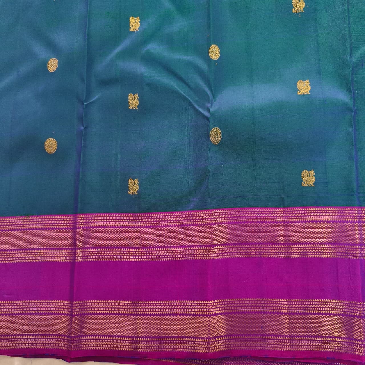 Pure Kanchipuram Silk Saree – Peacock Blue and Magenta Contrast