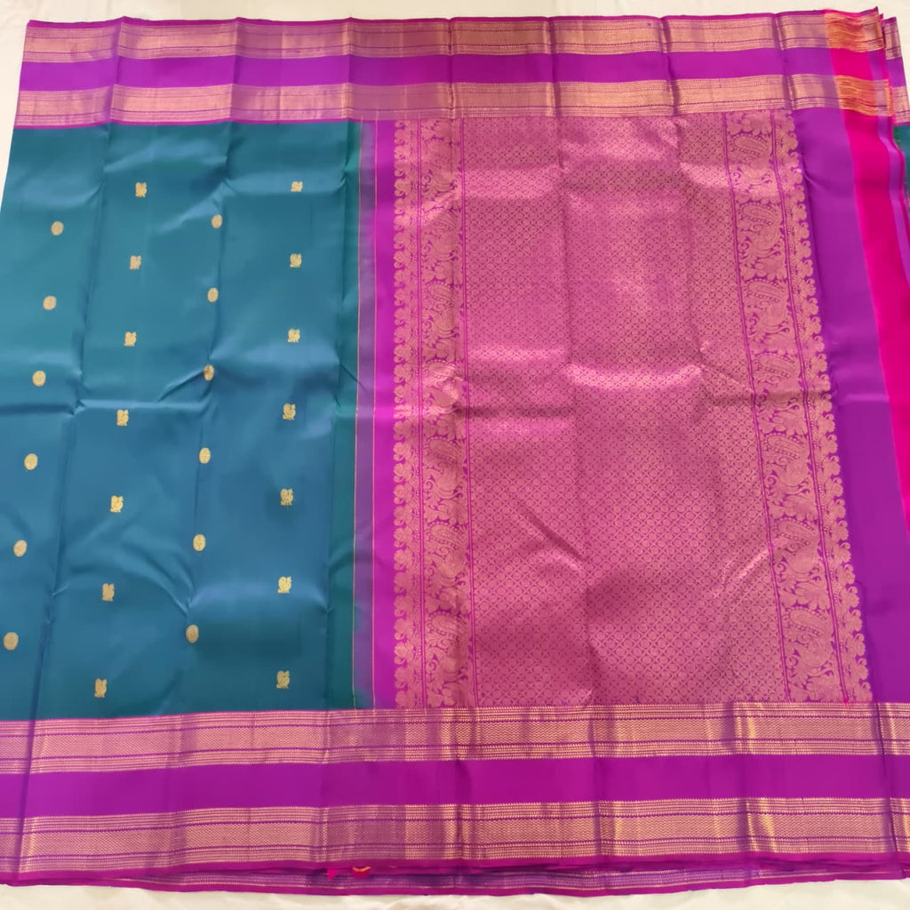 Pure Kanchipuram Silk Saree – Peacock Blue and Magenta Contrast