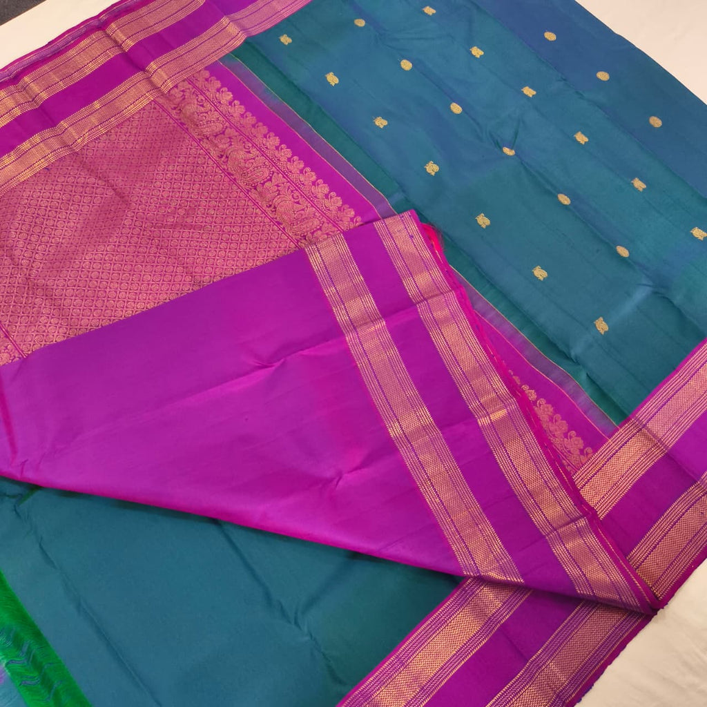 Pure Kanchipuram Silk Saree – Peacock Blue and Magenta Contrast