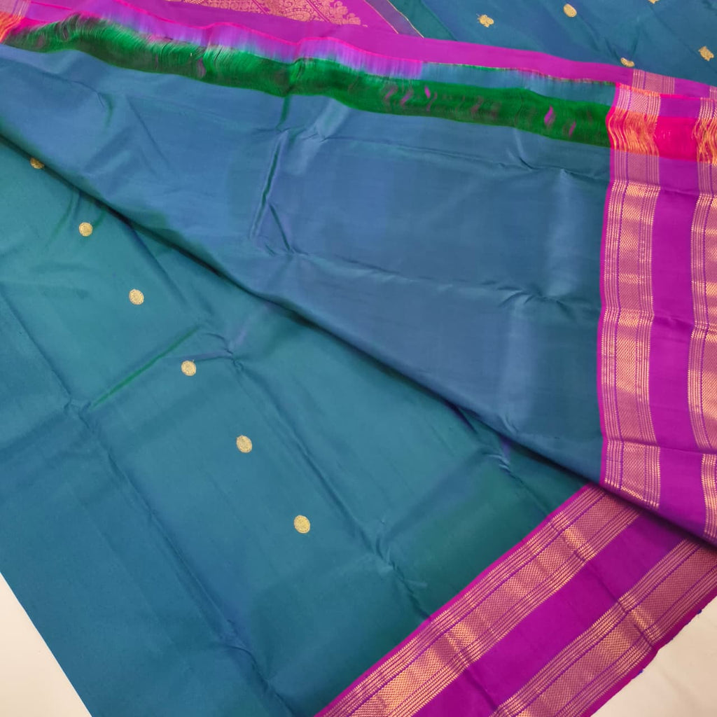 Pure Kanchipuram Silk Saree – Peacock Blue and Magenta Contrast