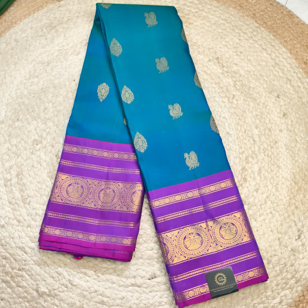 Pure Kanchipuram Silk Saree – Peacock Blue and Purple