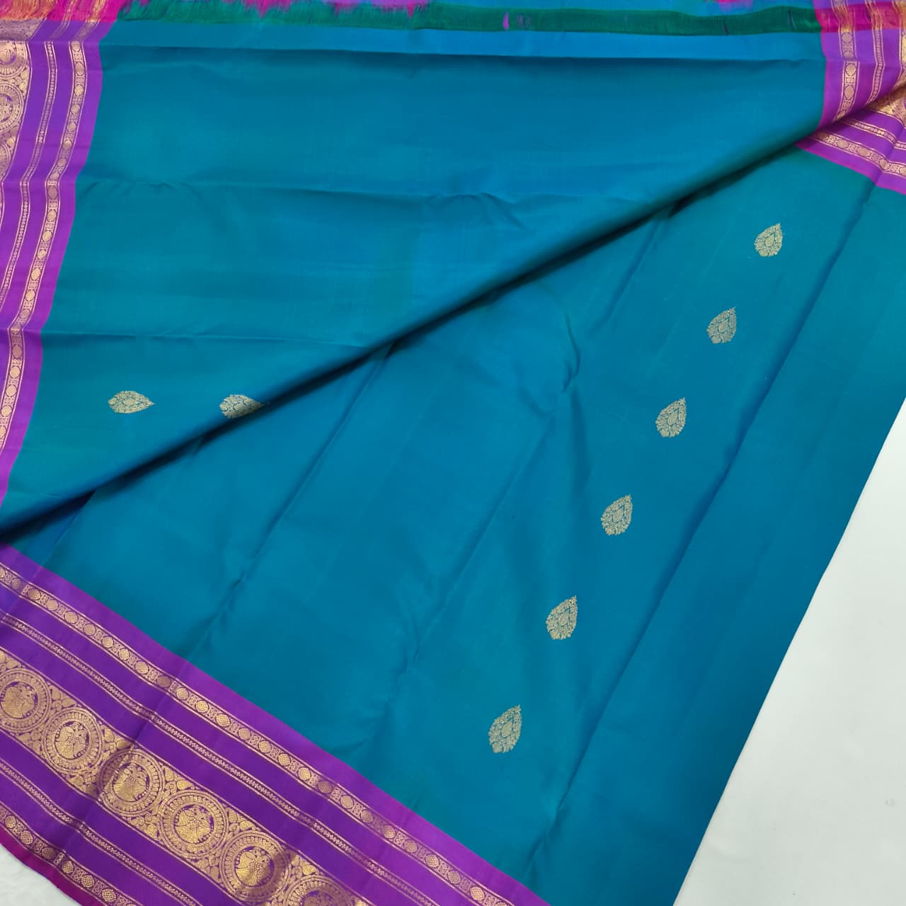 Pure Kanchipuram Silk Saree – Peacock Blue and Purple