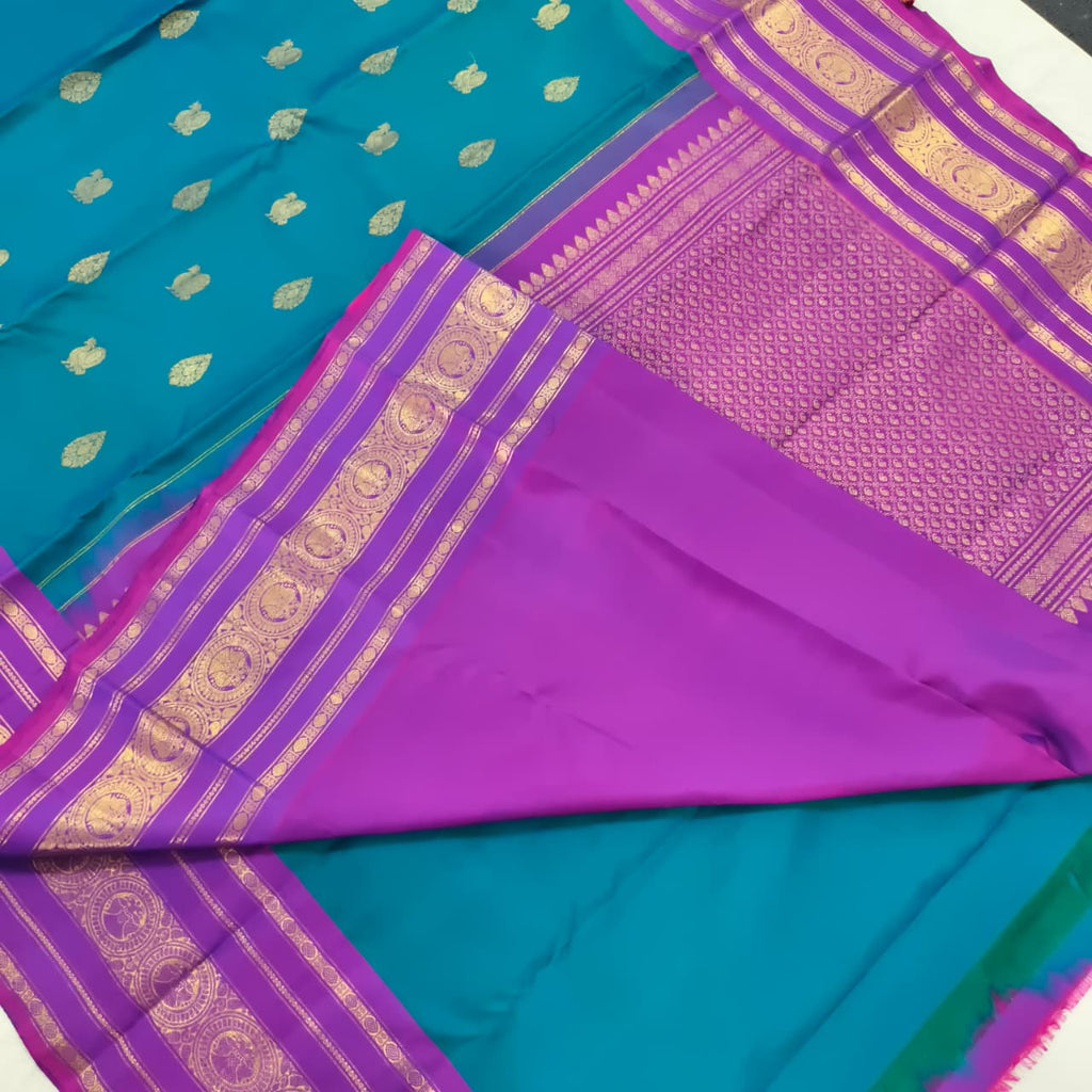Pure Kanchipuram Silk Saree – Peacock Blue and Purple