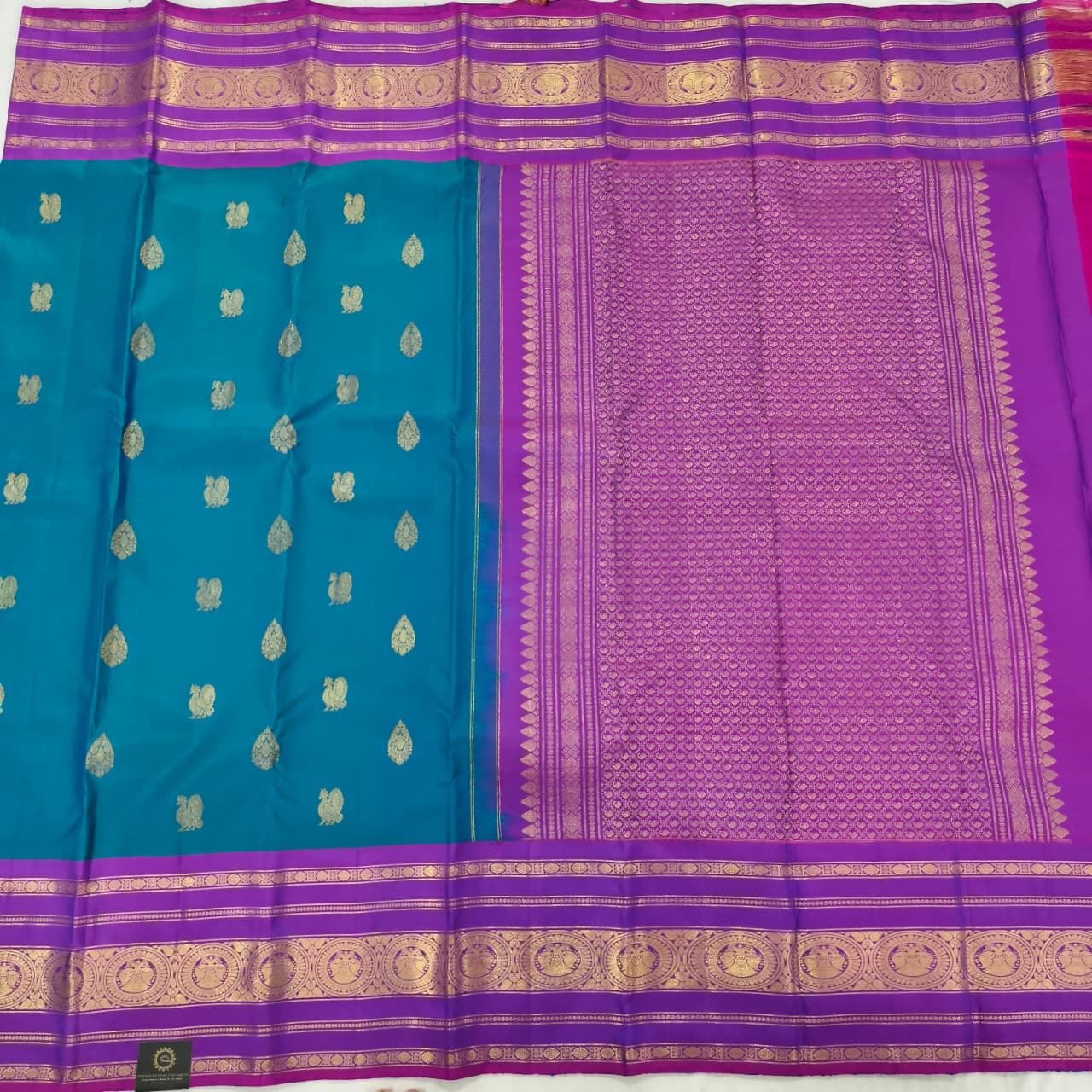 Pure Kanchipuram Silk Saree – Peacock Blue and Purple