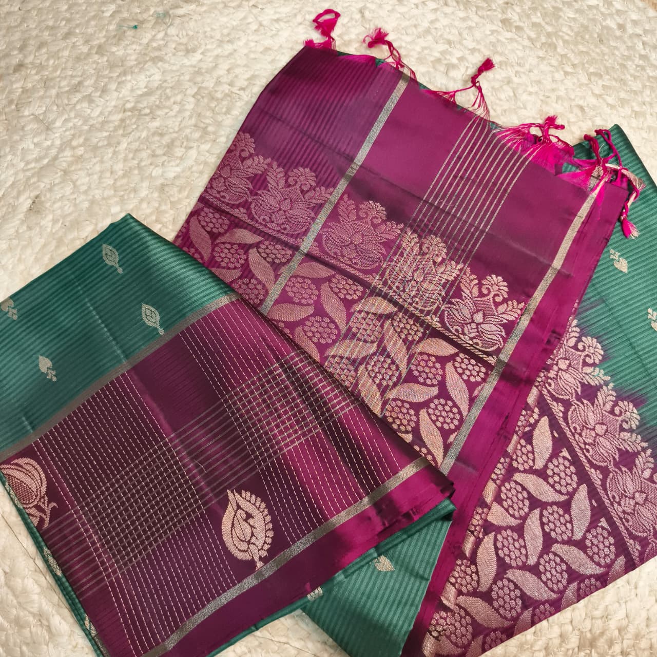 Soft Silk Saree – Dark Sea Green and Deep Magenta Contrast with buttas