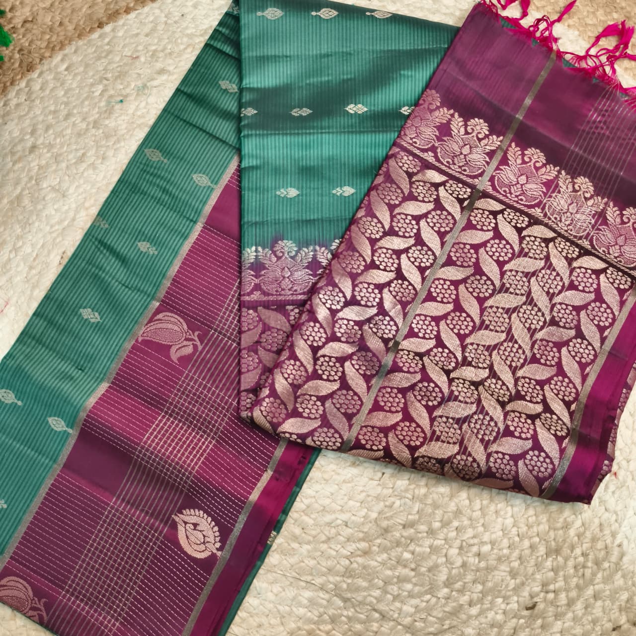 Soft Silk Saree – Dark Sea Green and Deep Magenta Contrast with buttas