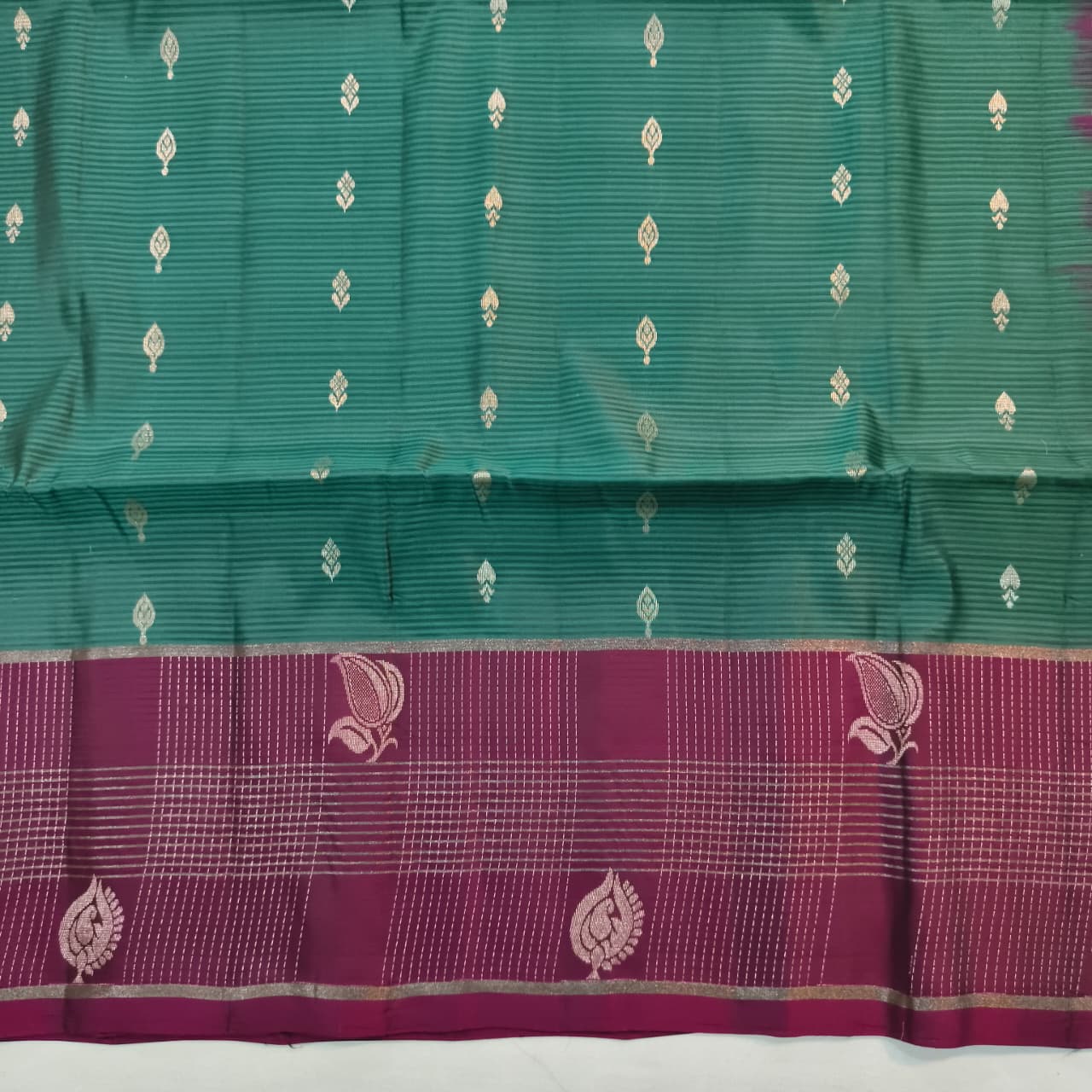 Soft Silk Saree – Dark Sea Green and Deep Magenta Contrast with buttas