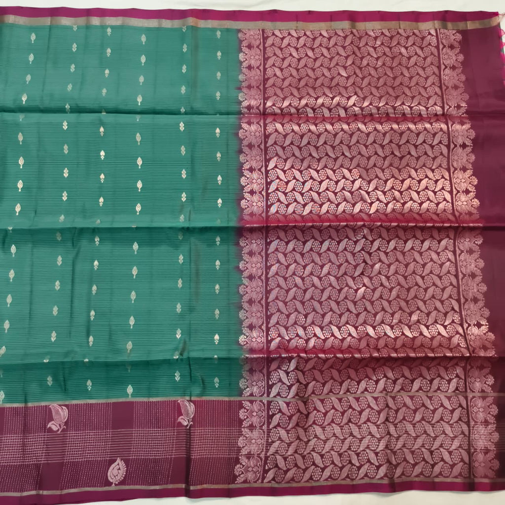 Soft Silk Saree – Dark Sea Green and Deep Magenta Contrast with buttas