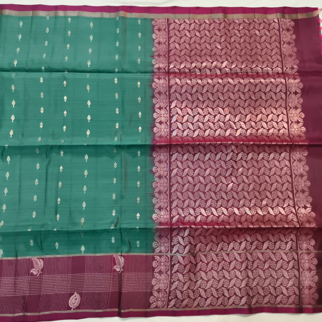 Soft Silk Saree – Dark Sea Green and Deep Magenta Contrast with buttas