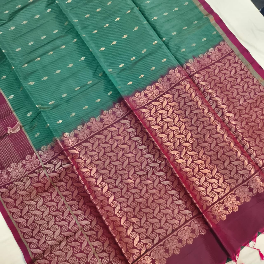 Soft Silk Saree – Dark Sea Green and Deep Magenta Contrast with buttas
