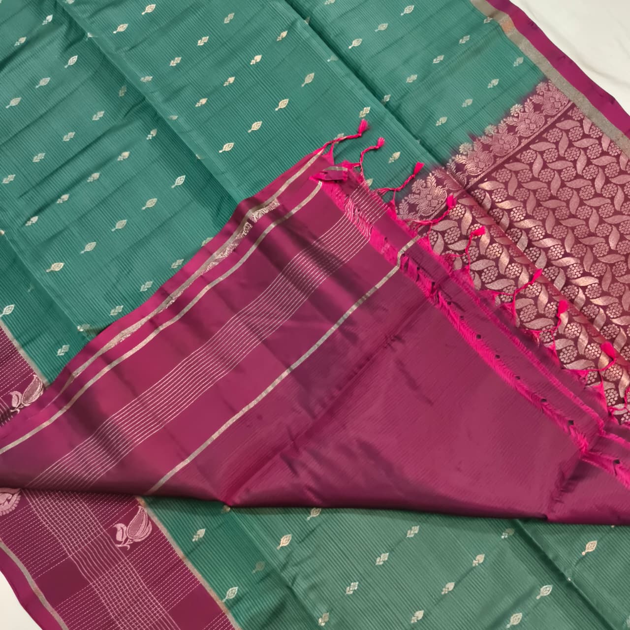 Soft Silk Saree – Dark Sea Green and Deep Magenta Contrast with buttas