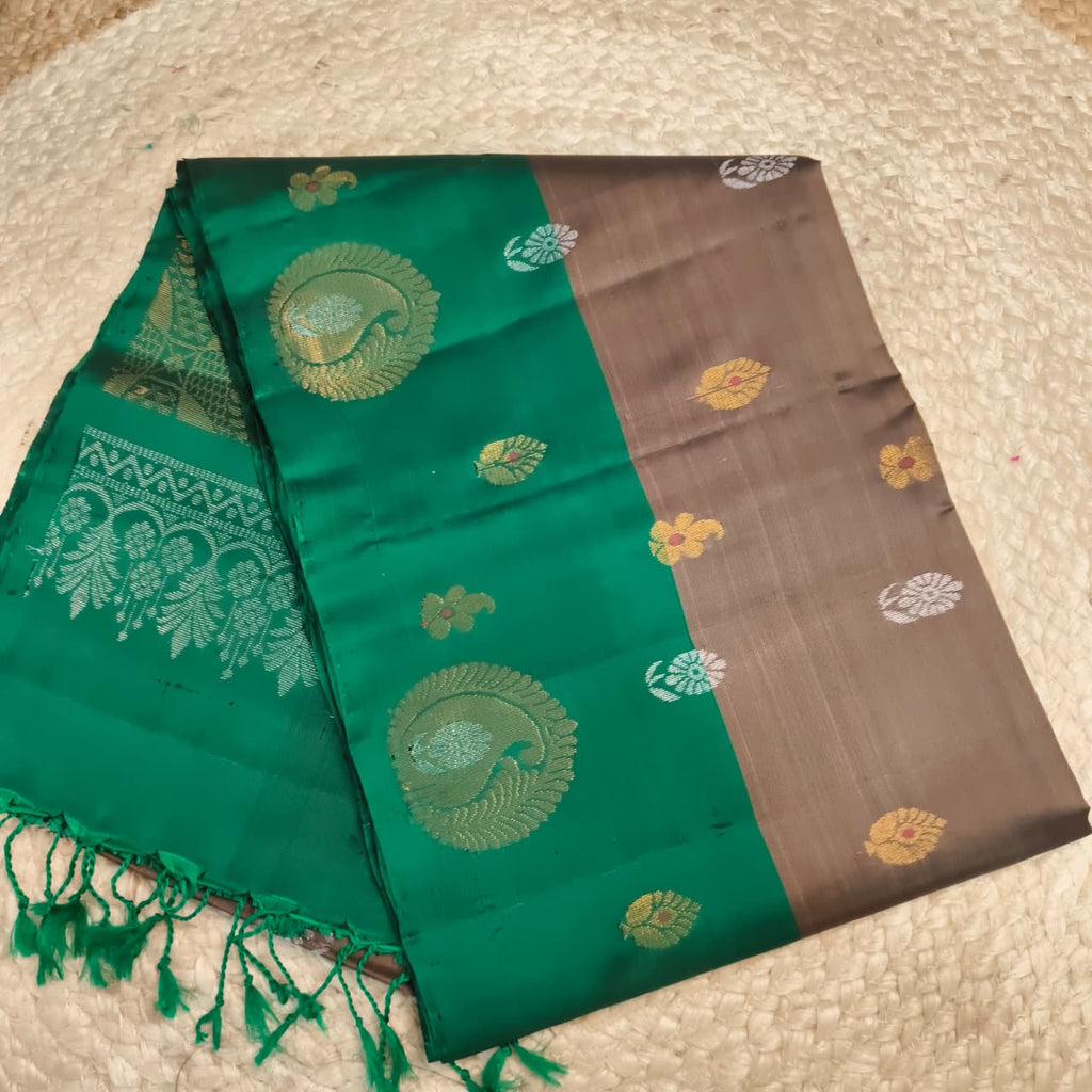 Soft Silk Saree – Brown Grey and Green Contrast