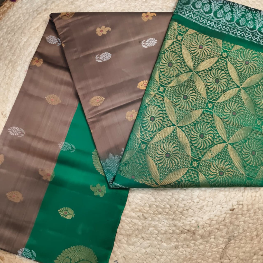 Soft Silk Saree – Brown Grey and Green Contrast