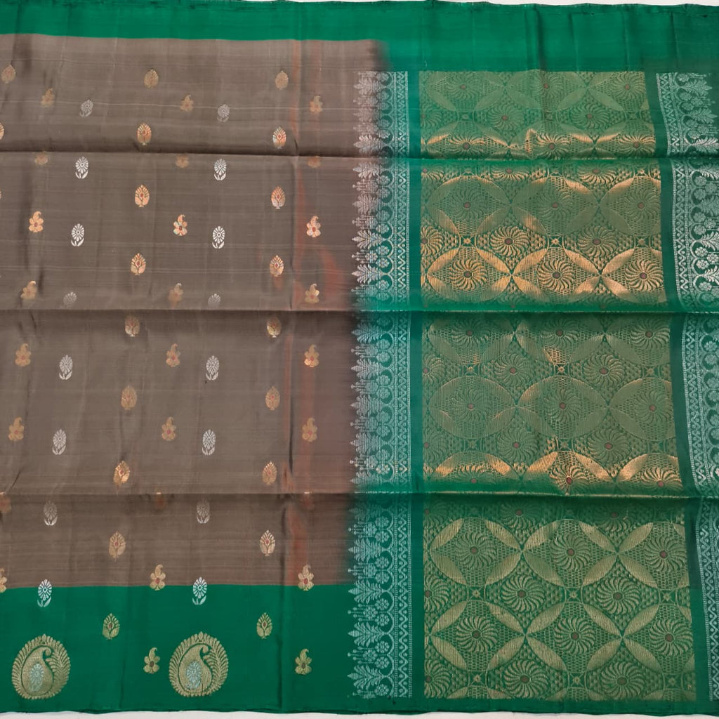 Soft Silk Saree – Brown Grey and Green Contrast