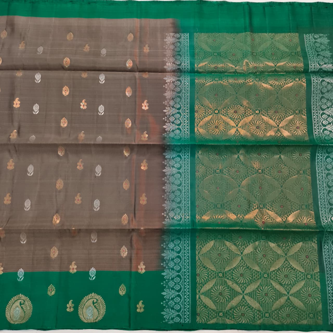 Soft Silk Saree – Brown Grey and Green Contrast