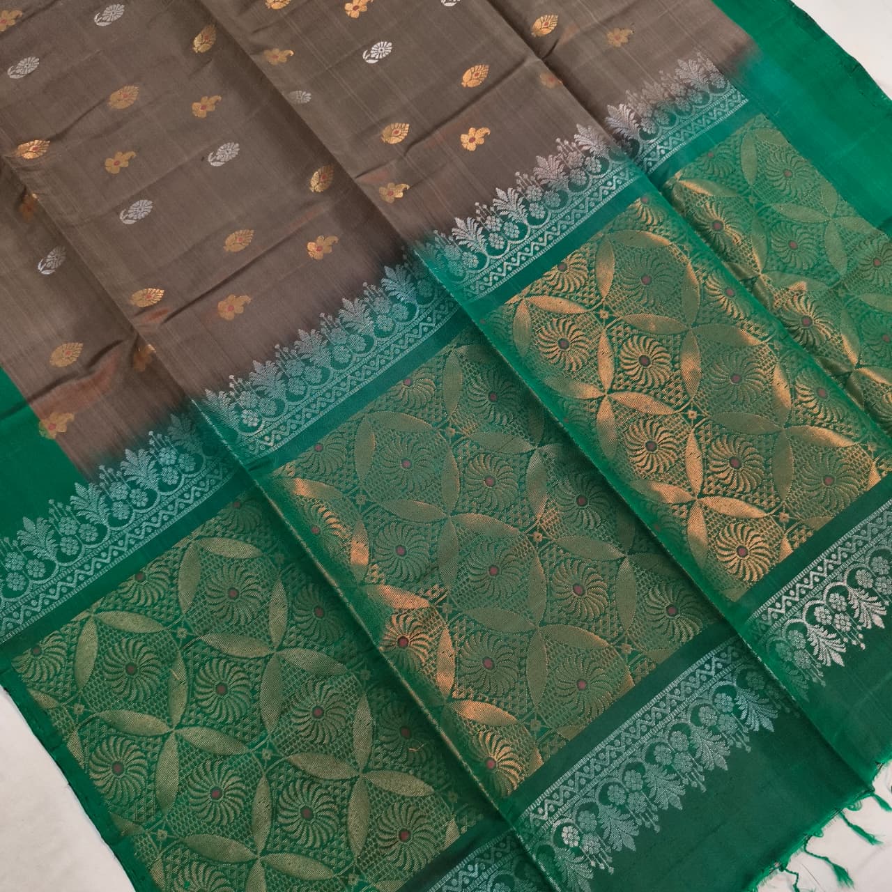 Soft Silk Saree – Brown Grey and Green Contrast
