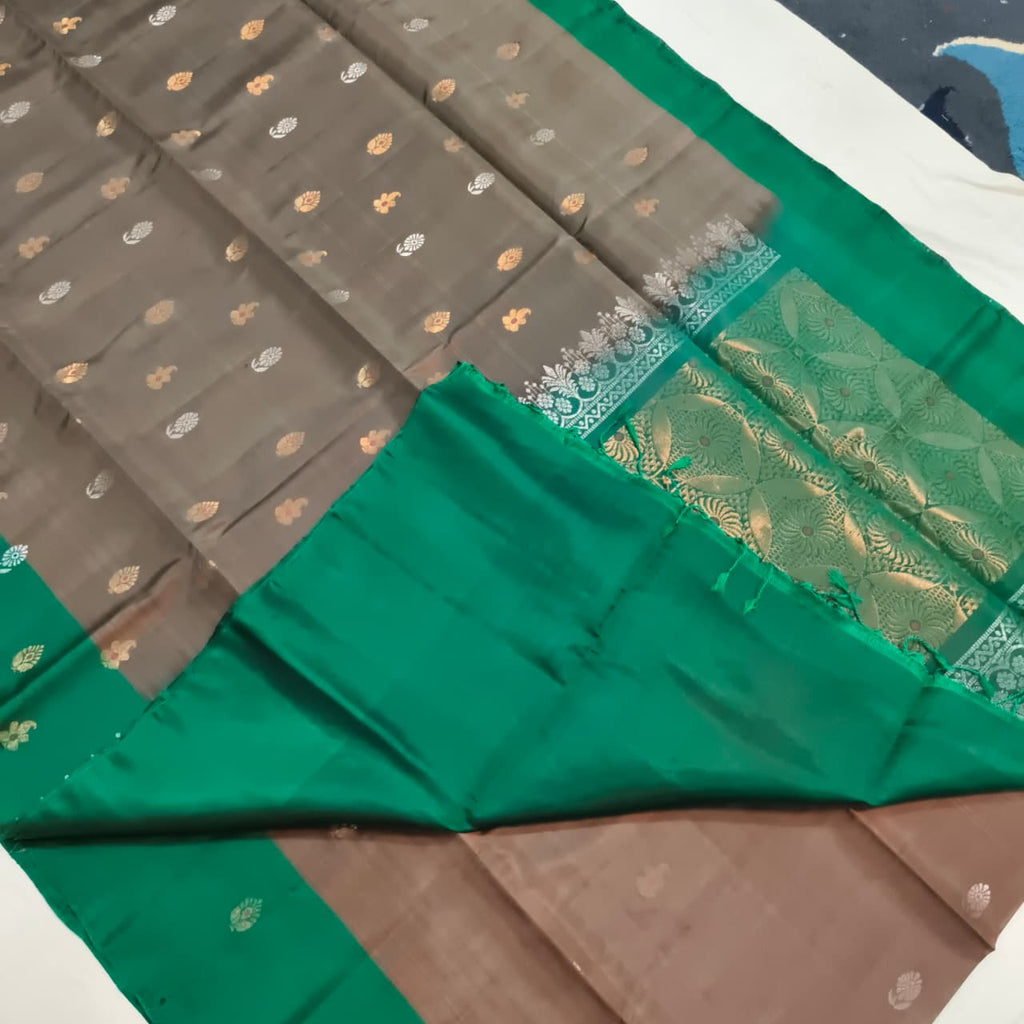 Soft Silk Saree – Brown Grey and Green Contrast