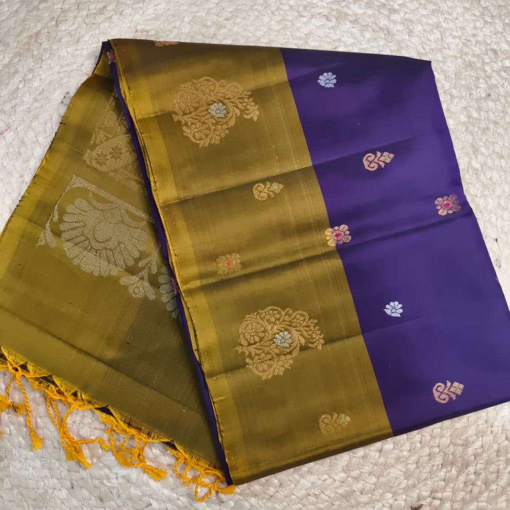 Soft Silk Saree – Olive Gold and Purple Contrast with buttas
