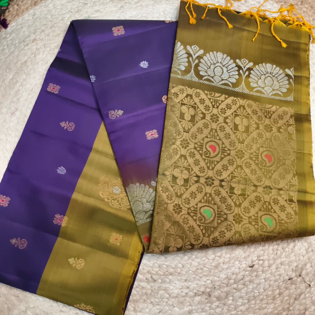 Soft Silk Saree – Olive Gold and Purple Contrast with buttas